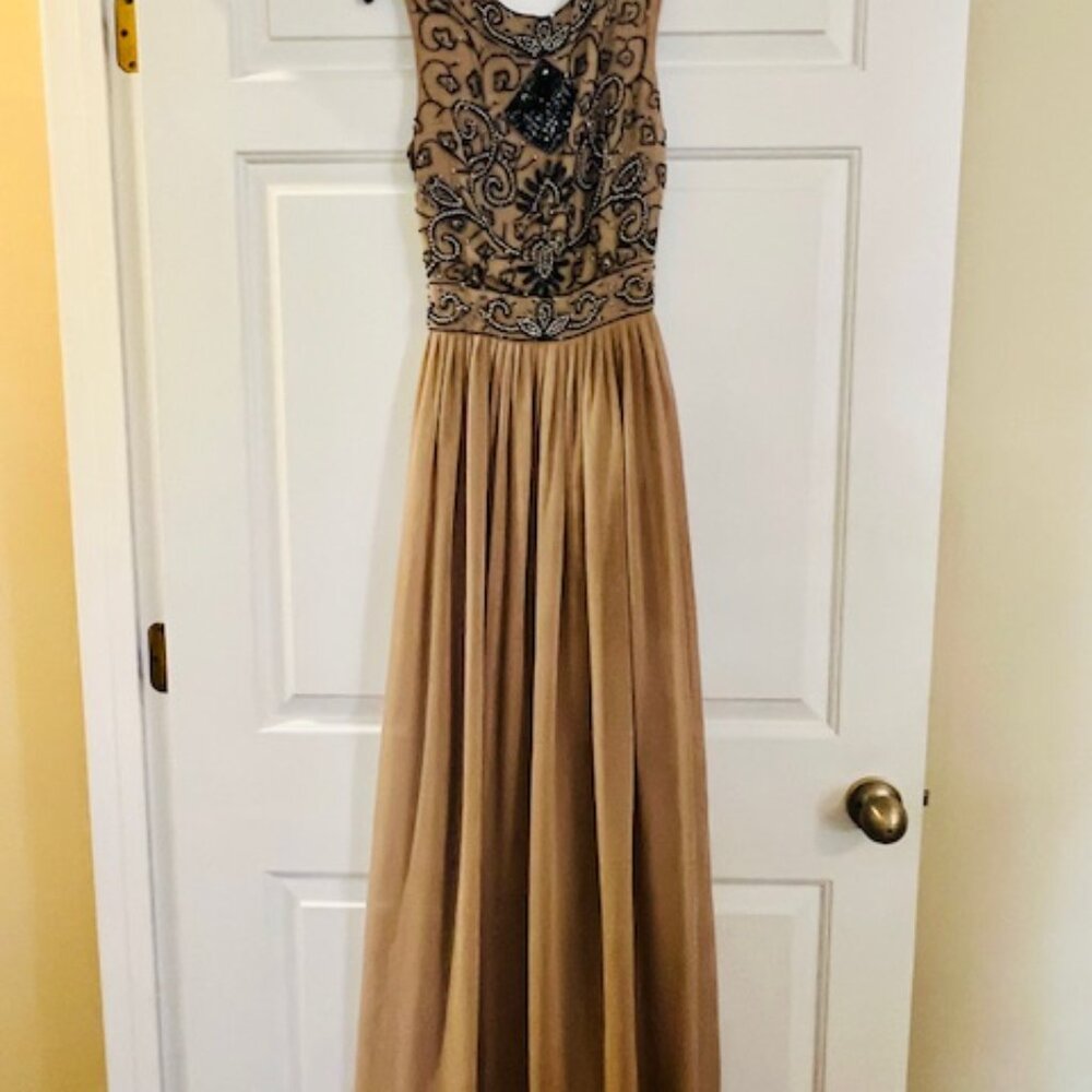 Long Beige Gown with Beaded Bodice and Open Back
